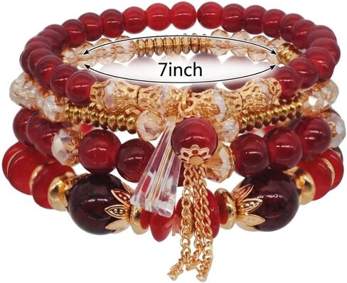 Red Beaded Multilayer Stackable Bracelet with Gold Accents and Crystal Pendant Tassel Fashion Accessory in Kuwait