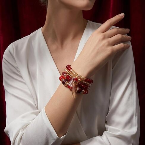 Red Beaded Multilayer Stackable Bracelet with Gold Accents and Crystal Pendant Tassel Fashion Accessory in Kuwait