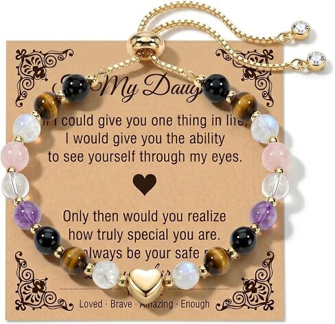 Birthday Gifts for Women Beaded Bracelet Natural Gemstone Crystal Bracelet Gold Heart Charm Adjustable Gifts for Women with Message Card in Saudi Arabia