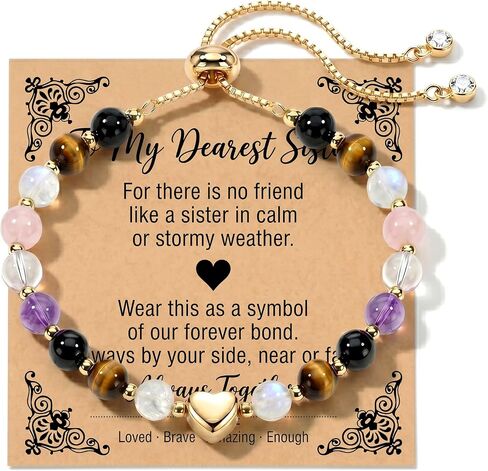 Birthday Gifts for Women Beaded Bracelet Natural Gemstone Crystal Bracelet Gold Heart Charm Adjustable Gifts for Women with Message Card in Saudi Arabia