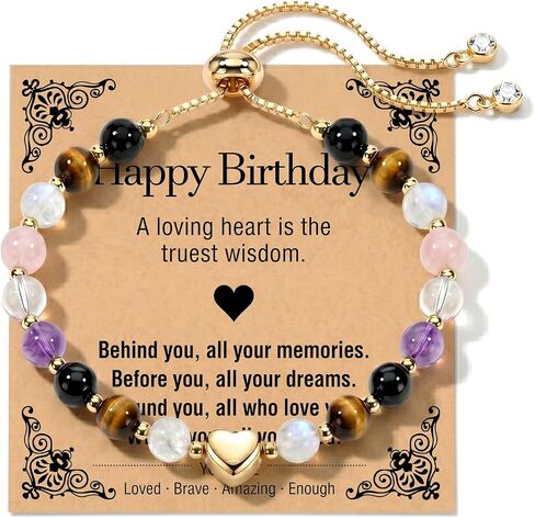 Birthday Gifts for Women Beaded Bracelet Natural Gemstone Crystal Bracelet Gold Heart Charm Adjustable Gifts for Women with Message Card in Saudi Arabia