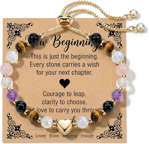 Birthday Gifts for Women Beaded Bracelet Natural Gemstone Crystal Bracelet Gold Heart Charm Adjustable Gifts for Women with Message Card in Saudi Arabia