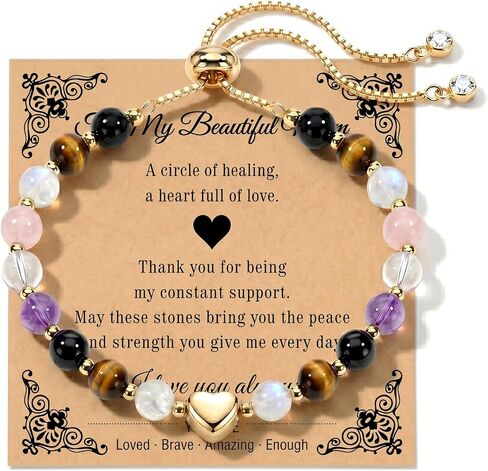 Birthday Gifts for Women Beaded Bracelet Natural Gemstone Crystal Bracelet Gold Heart Charm Adjustable Gifts for Women with Message Card in Saudi Arabia