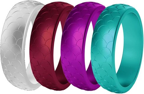 Women Silicone Wedding Band 4 Colors a Set Outdoor Sports Dome Top Fish Scale Surface Rubber Rings,US Size 4-10 in Kuwait