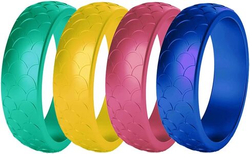 Women Silicone Wedding Band 4 Colors a Set Outdoor Sports Dome Top Fish Scale Surface Rubber Rings,US Size 4-10 in Kuwait