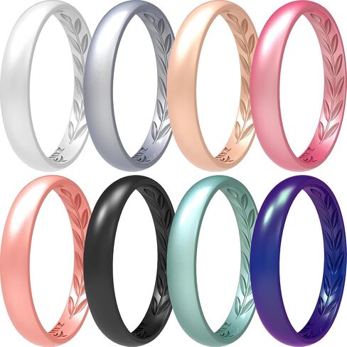 4 Packs Silicone Wedding Rings for Women, 3.5mm Thin Rubber Wedding Bands Stackable Ring, Inner Breathable Olive Leaves Design in Saudi Arabia