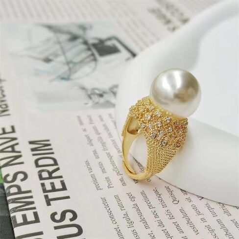 14k Gold Lustrous Pearl Statement Ring with Lace Filigree Setting, Gold Plated Adjustable Open Pearl Ring for Women, Ideal for Wedding, Engagement, Valentine's Day Gift in Saudi Arabia