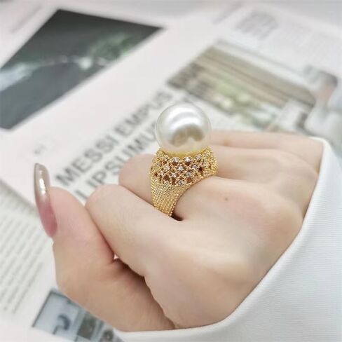 14k Gold Lustrous Pearl Statement Ring with Lace Filigree Setting, Gold Plated Adjustable Open Pearl Ring for Women, Ideal for Wedding, Engagement, Valentine's Day Gift in Saudi Arabia