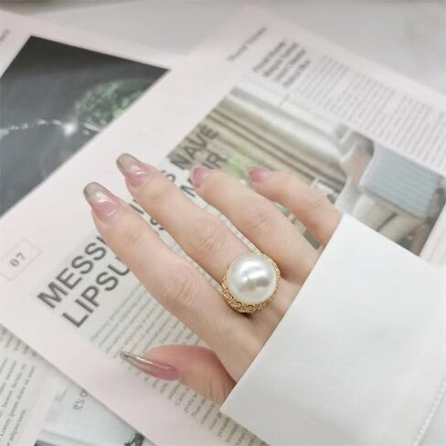 14k Gold Lustrous Pearl Statement Ring with Lace Filigree Setting, Gold Plated Adjustable Open Pearl Ring for Women, Ideal for Wedding, Engagement, Valentine's Day Gift in Saudi Arabia