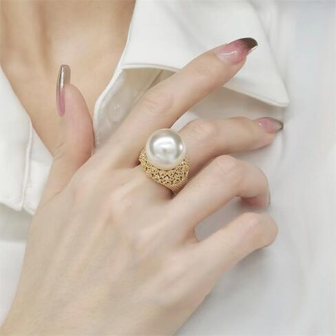 14k Gold Lustrous Pearl Statement Ring with Lace Filigree Setting, Gold Plated Adjustable Open Pearl Ring for Women, Ideal for Wedding, Engagement, Valentine's Day Gift in Saudi Arabia