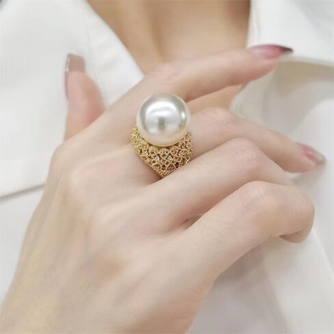 14k Gold Lustrous Pearl Statement Ring with Lace Filigree Setting, Gold Plated Adjustable Open Pearl Ring for Women, Ideal for Wedding, Engagement, Valentine's Day Gift in Saudi Arabia