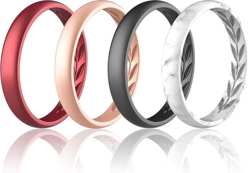 4 Packs Silicone Wedding Rings for Women, 3.5mm Thin Rubber Wedding Bands Stackable Ring, Inner Breathable Olive Leaves Design in Saudi Arabia