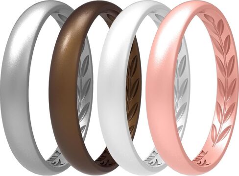 4 Packs Silicone Wedding Rings for Women, 3.5mm Thin Rubber Wedding Bands Stackable Ring, Inner Breathable Olive Leaves Design in Saudi Arabia
