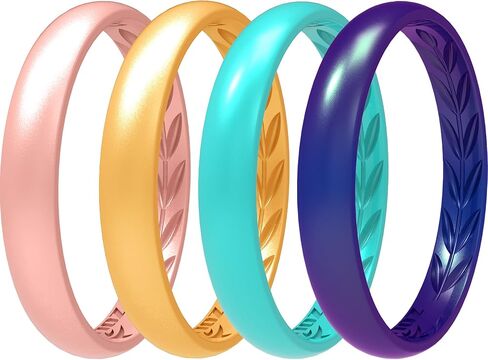 4 Packs Silicone Wedding Rings for Women, 3.5mm Thin Rubber Wedding Bands Stackable Ring, Inner Breathable Olive Leaves Design in Saudi Arabia