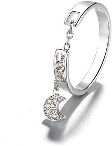 Hebelee CZ Star Moon Chain Promise Statement Ring for Women Silver Gold-Toned Dainty Crystal Starless Crescent Tassel Dangle Drop Open Wrap Finger Rings Adjustable Comfort Fit Fashion Wedding Jewelry in Kuwait