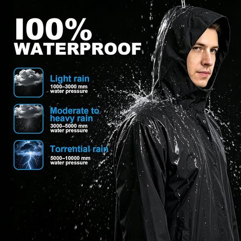 QJWBZ Men's Rain Jacket Long Raincoat: Waterproof Lightweight Hood Rain Poncho Stowable for Cycling Hiking Camping Outdoors in Saudi Arabia
