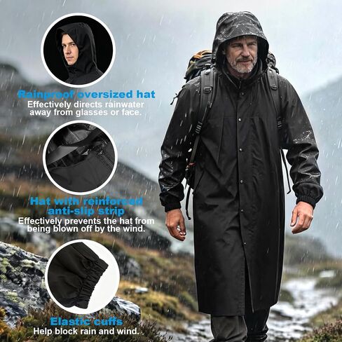 QJWBZ Men's Rain Jacket Long Raincoat: Waterproof Lightweight Hood Rain Poncho Stowable for Cycling Hiking Camping Outdoors in Saudi Arabia