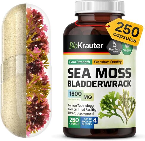 BIO KRAUTER® 2-in-1 Sea Moss for Overall Support - Vegan Bladderwrack & Sea Moss Capsules for Women & Men - Natural Сhondrus Сrispus Seaweed Supplement 1600 mg - 125 Days of Supply, Non-GMO in Kuwait
