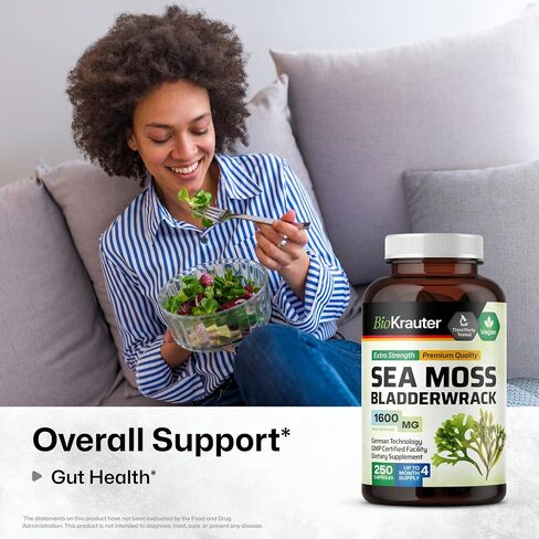BIO KRAUTER® 2-in-1 Sea Moss for Overall Support - Vegan Bladderwrack & Sea Moss Capsules for Women & Men - Natural Сhondrus Сrispus Seaweed Supplement 1600 mg - 125 Days of Supply, Non-GMO in Kuwait