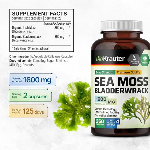 BIO KRAUTER® 2-in-1 Sea Moss for Overall Support - Vegan Bladderwrack & Sea Moss Capsules for Women & Men - Natural Сhondrus Сrispus Seaweed Supplement 1600 mg - 125 Days of Supply, Non-GMO in Kuwait