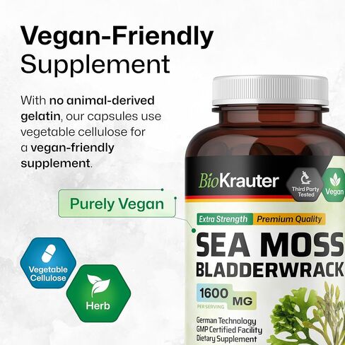 BIO KRAUTER® 2-in-1 Sea Moss for Overall Support - Vegan Bladderwrack & Sea Moss Capsules for Women & Men - Natural Сhondrus Сrispus Seaweed Supplement 1600 mg - 125 Days of Supply, Non-GMO in Kuwait