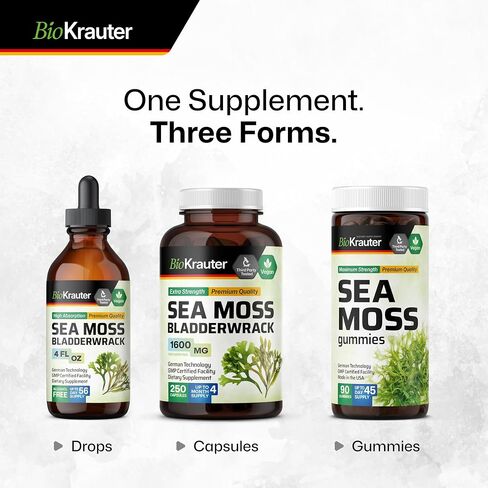BIO KRAUTER® 2-in-1 Sea Moss for Overall Support - Vegan Bladderwrack & Sea Moss Capsules for Women & Men - Natural Сhondrus Сrispus Seaweed Supplement 1600 mg - 125 Days of Supply, Non-GMO in Kuwait