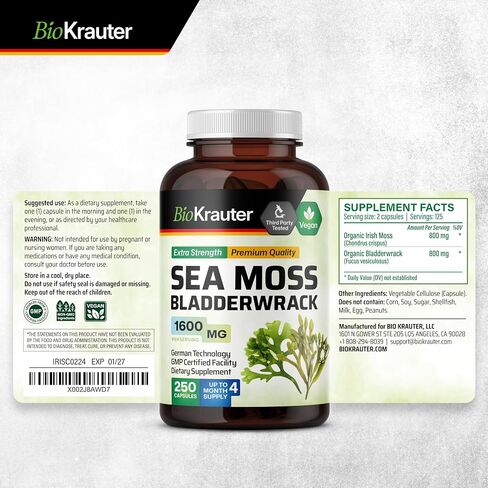 BIO KRAUTER® 2-in-1 Sea Moss for Overall Support - Vegan Bladderwrack & Sea Moss Capsules for Women & Men - Natural Сhondrus Сrispus Seaweed Supplement 1600 mg - 125 Days of Supply, Non-GMO in Kuwait
