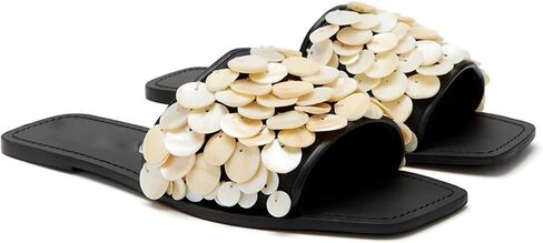 Flat Sandals for Women Shell Slide Sandals Dressy Comfortable Casual Summer Beach Slip on Square Toe Open Toe Sandal in Saudi Arabia