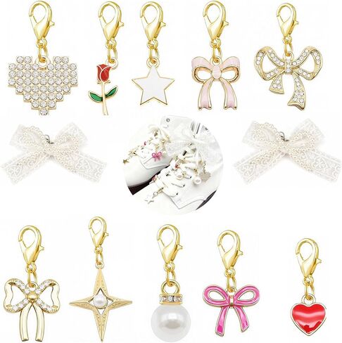 12-Piece Set of Sports Shoelace Charms with 2 Pearl Bows, 18K Gold-Plated Ladies' Lace-Up, and Lobster Clasp - Handcrafted Jewelry Accessories for Shoes in Saudi Arabia