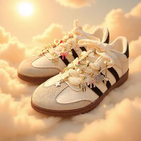 12-Piece Set of Sports Shoelace Charms with 2 Pearl Bows, 18K Gold-Plated Ladies' Lace-Up, and Lobster Clasp - Handcrafted Jewelry Accessories for Shoes in Saudi Arabia