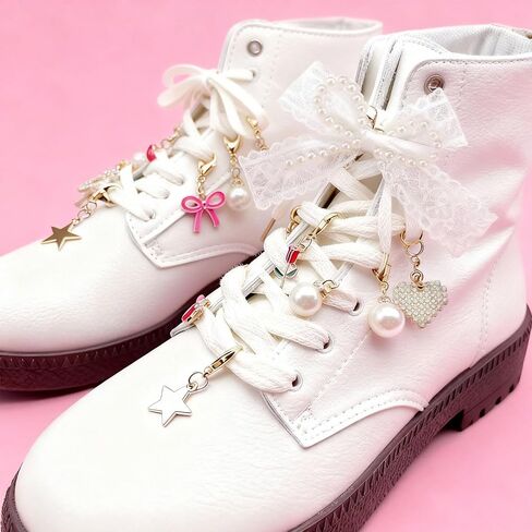 12-Piece Set of Sports Shoelace Charms with 2 Pearl Bows, 18K Gold-Plated Ladies' Lace-Up, and Lobster Clasp - Handcrafted Jewelry Accessories for Shoes in Saudi Arabia