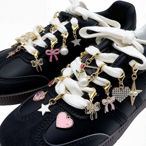 12-Piece Set of Sports Shoelace Charms with 2 Pearl Bows, 18K Gold-Plated Ladies' Lace-Up, and Lobster Clasp - Handcrafted Jewelry Accessories for Shoes in Saudi Arabia
