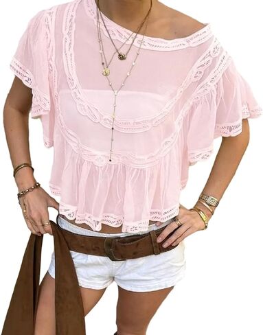 Women Boho Mesh Sheer Poncho Top Embroidered See Through Cape Top Boat Neck Ruffle Hem Flowy Tops Crop Cover Up in Saudi Arabia