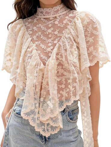 Women Boho Mesh Sheer Poncho Top Embroidered See Through Cape Top Boat Neck Ruffle Hem Flowy Tops Crop Cover Up in Saudi Arabia