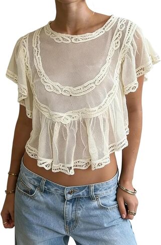 Women Boho Mesh Sheer Poncho Top Embroidered See Through Cape Top Boat Neck Ruffle Hem Flowy Tops Crop Cover Up in Saudi Arabia