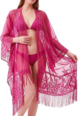 Bohemian Lace Swimsuit Cover Ups for Women, Summer Open Front Beach Bikini Coverup with Fringe Hem, One Size in Saudi Arabia