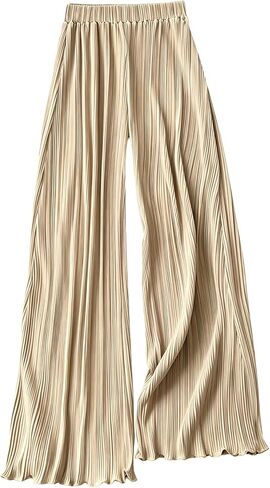 Gihuo Satin Pants for Women Flowy Pleated Pants Silk Plisse Pant Palazzo High Waist Dressy Trousers in Kuwait