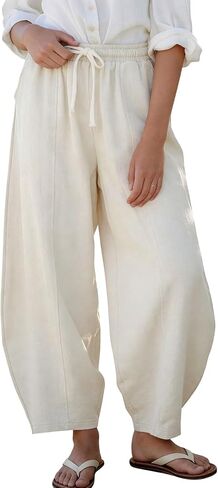 Kissonic Womens Cotton Linen Pants Wide Leg Trouser Elastic Waist Casual Baggy Harem Pants with Pockets in Saudi Arabia