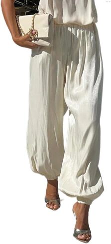 Women's Wide Leg Harem Pants Silk Bubble Elastic Waist Casual Balloon Lantern Pant Loose Light Aladdin Pants in Saudi Arabia