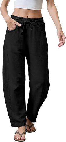 SeekMe Women's Linen Pants Barrel Leg Elastic Waist Drawstring Baggy Casual Trousers Beach Vacation Outfits in Saudi Arabia