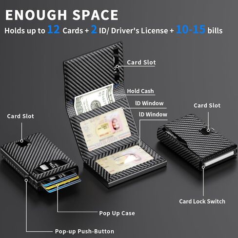 محفظة رجالية مع حجب RFID | تصميم الجيب الأمامي ثلاثي الطي | 12 فتحة للبطاقات، 2 فتحة لبطاقة الهوية وفتحة للنقود | قاذف بطاقة الألومنيوم | إكسسوارات رجالية متينة وخفيفة الوزن (كربون) in Kuwait