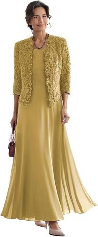 2 Piece Mother of The Bride Dresses with Jacket Lace Chiffon Tea Length 3/4 Sleeve Formal Evening Gowns for Wedding Guest in Saudi Arabia