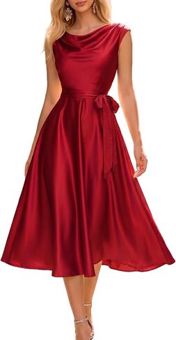 Women's Satin Dresses A-Line Formal Evening Gown Elegant Cowl Neck Wedding Guest Bridesmaid Prom Party Cocktail Dress in Saudi Arabia