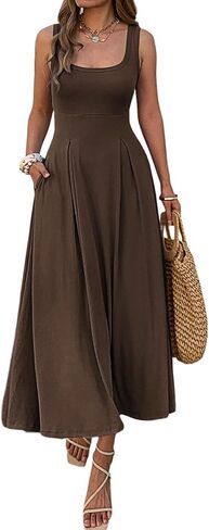 Mieazom Women's Summer Sleeveless Empire Maxi Dress Square Neck A-Line Pleated Flowy Elegant Casual Dresses with Pockets in Kuwait
