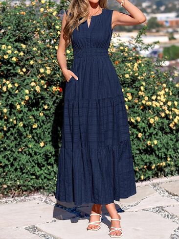 BTFBM Summer Dresses for Women 2026 Sleeveless Boho V Neck A Line Flowy Spring Casual Maxi Dress Beach Vacation Pockets in Kuwait