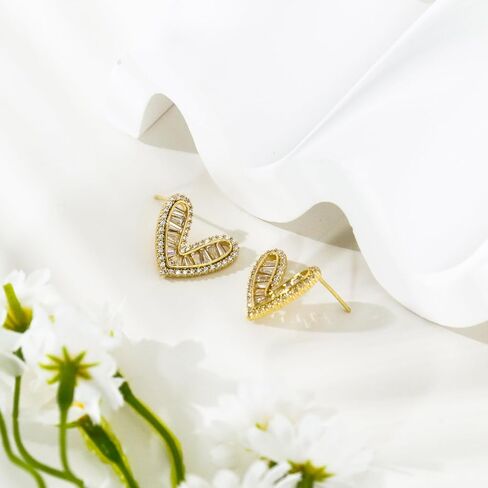 Gold Heart Stud Earrings for Women, 14K Gold Plated Cubic Zirconia Heart Shape Stud Earrings, Hypoallergenic Jewelry, Valentine’s Day & Anniversary, Women’s Fashion Jewelry in Saudi Arabia