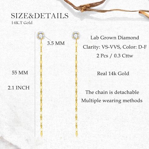أقراط متدلية من الذهب عيار 14 قيراط 0.3 Cttw Lab Grown Diamond للنساء، أقراط متدلية من سلسلة ذهبية عيار 14 قيراط هدايا لها in Kuwait