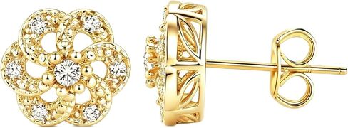 14k Gold Hypoallergenic Stud Earrings for Women Flower-Shaped CZ Stud Earrings with Push Backings Dainty Gold Earrings in 8mm & 10mm Sizes Ideal for Daily Wear & Gifting in Saudi Arabia