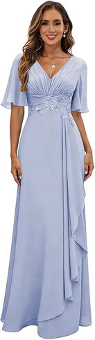 Women's Chiffon V Neck Mother of the Bride Dresses with Sleeves Lace Appliques Formal Dress AS052 in Saudi Arabia
