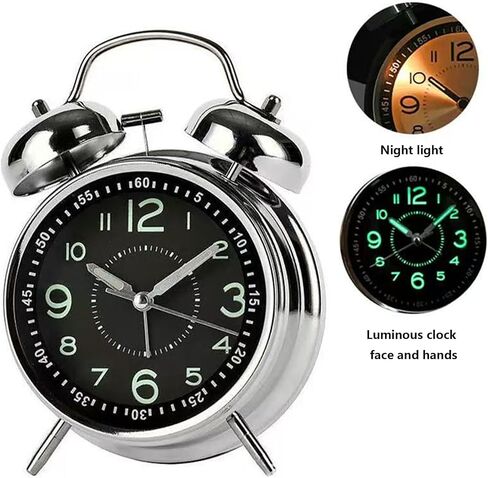 THIDARGO Twin Bell Alarm Clock, Silver, Luminous Face and Hands, Night Light, Classic Retro Style, 6.5x4.5x2.2 Inch for Bedroom (Silver) in Saudi Arabia